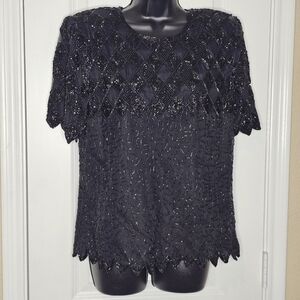 Vintage Laurence Kazar Full Beaded Black on Black Blouse Women's Size M